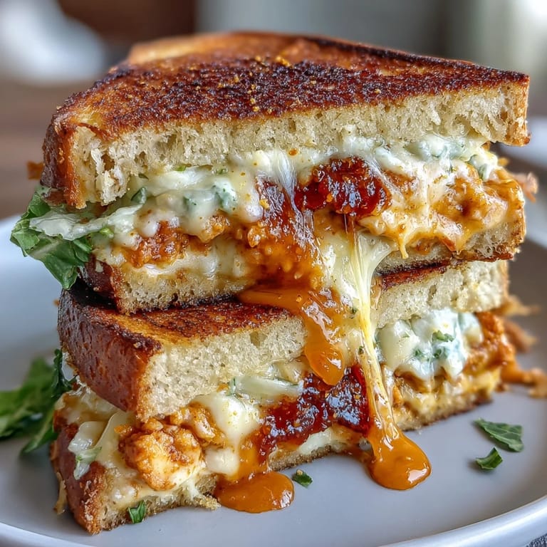 Crispy Buffalo Chicken Caesar Grilled Cheese, a delicious American classic with a spicy kick.