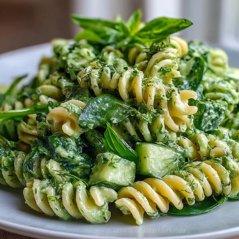 Tender Green Goddess Pasta Salad loaded with crunchy vegetables and a creamy dressing.