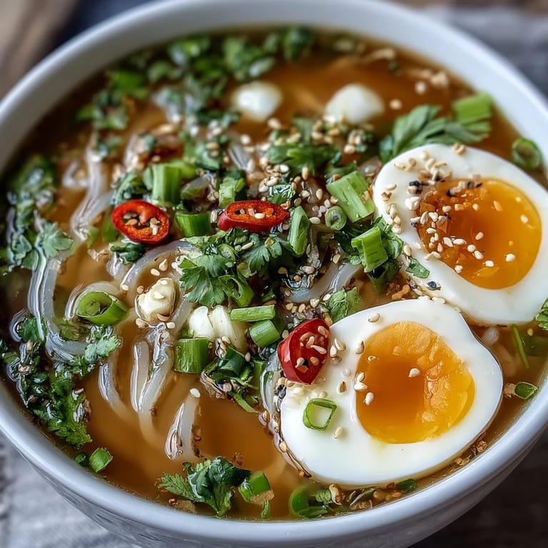 Soft-boiled eggs and sliced chili crown this warming Shirataki Noodles With Broth, served steaming in a ceramic bowl.