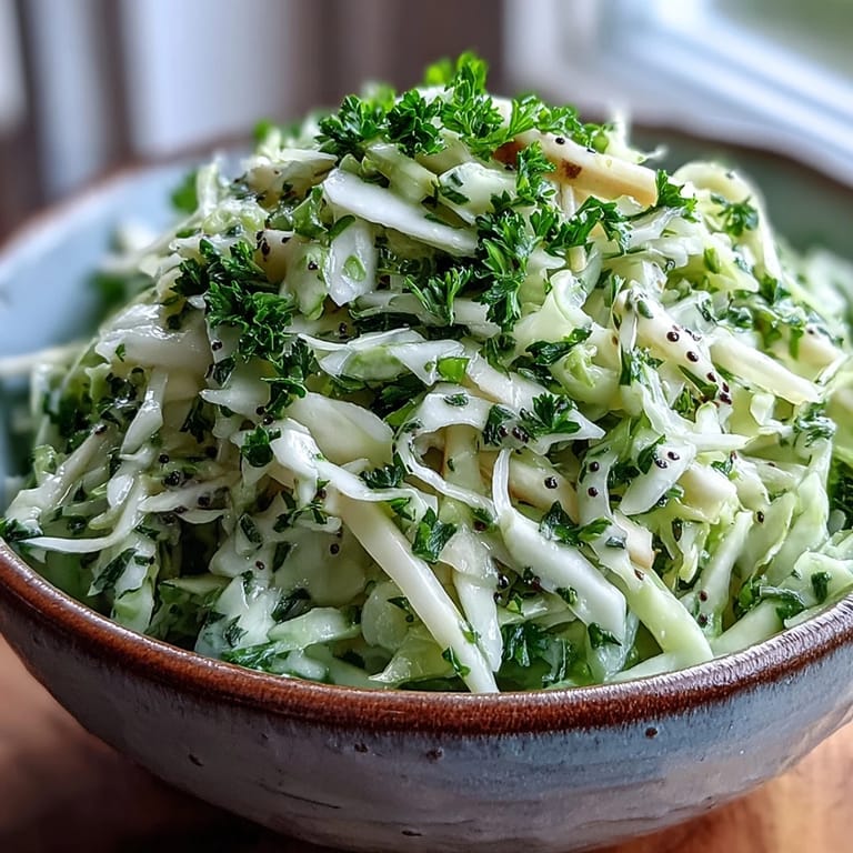 Green Cabbage and Apple Slaw tossed with fresh parsley and poppy seeds, served in a rustic bowl as a refreshing side dish for summer barbecues or picnics.