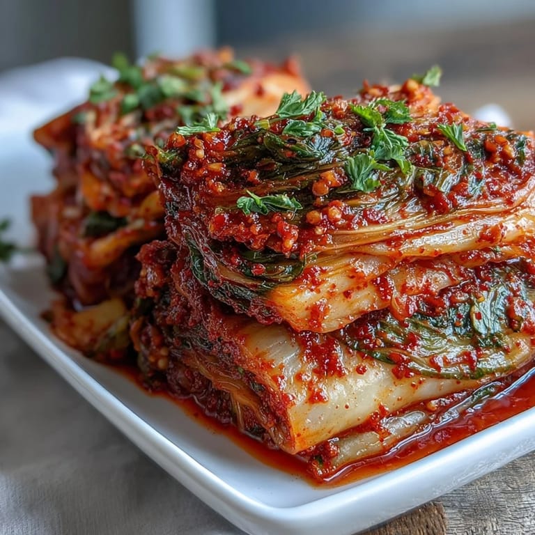 A top-down view of freshly mixed spicy Korean kimchi with julienned daikon and carrots glistening in a large ceramic bowl.  