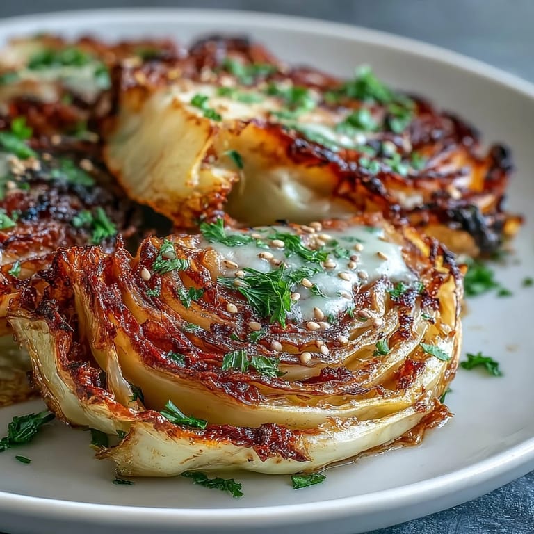 Golden roasted cabbage steaks with tahini sauce, lemon wedges, and sesame seeds on a rustic serving board.