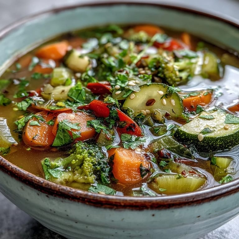 A close-up of a bowl of Ginger Vegetable Soup, garnished with fresh cilantro and a drizzle of sesame oil.