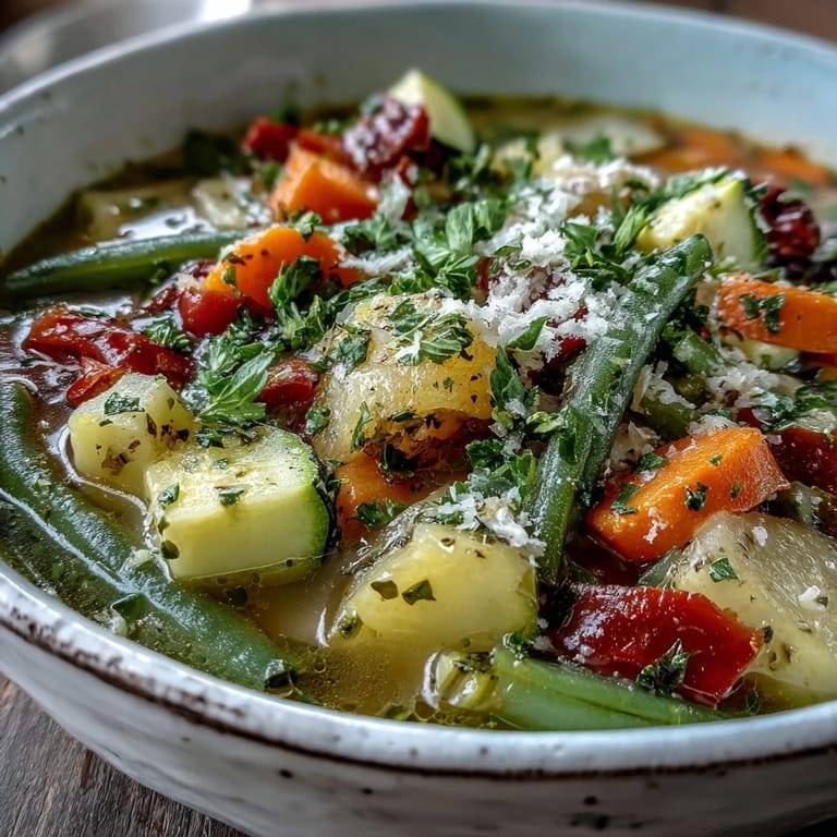 Close-up of Italian Herb Vegetable Soup showing tender potatoes and cannellini beans in a rich tomato-based broth with herbs.