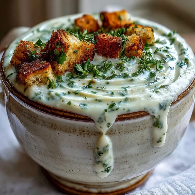 Warm Garlic and Herb Soup in a white ceramic bowl, topped with grated Parmesan and crunchy croutons.