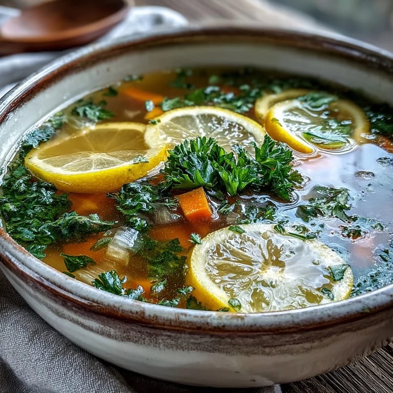 Spoon lifting a ladle of Lemon Herb Soup over diced carrots and celery, served with crusty bread.
