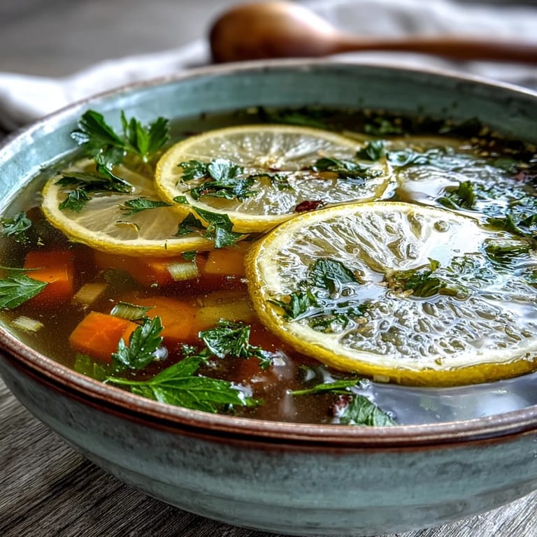 Close-up on vibrant Lemon Herb Soup garnished with lemon slices and herbs in a rustic bowl.