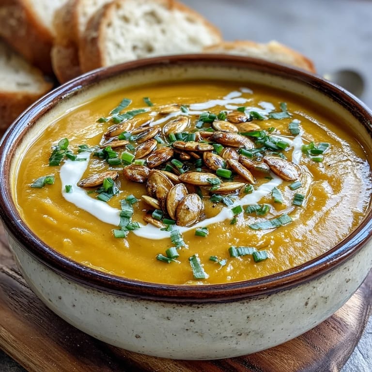 Creamy acorn squash soup garnished with a swirl of cream and chives, ready to serve.