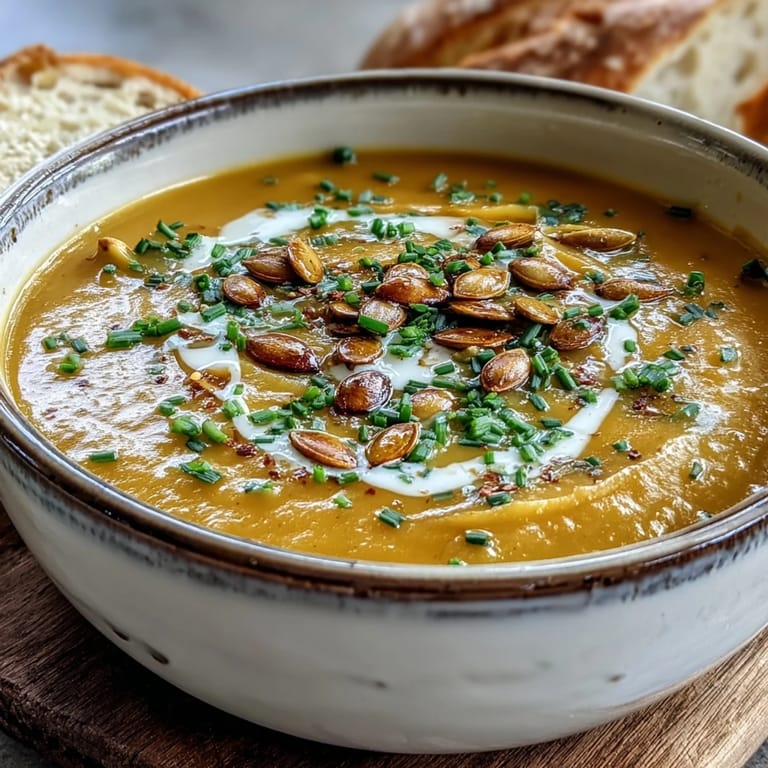 Velvety acorn squash soup in a white bowl, steam rising with cinnamon and nutmeg notes.