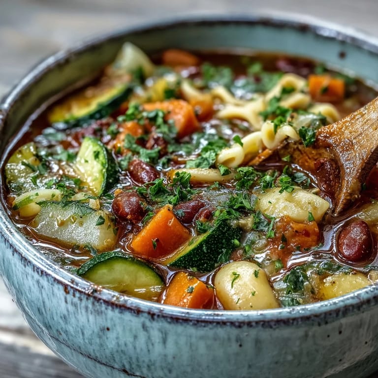 Warm Vegetable Minestrone in a rustic pot, garnished with fresh parsley and a side of crusty Italian bread.
