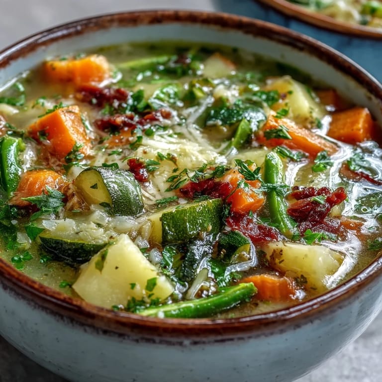 Close-up of Parmesan Veggie Soup with colorful vegetables and a ladle serving a portion.