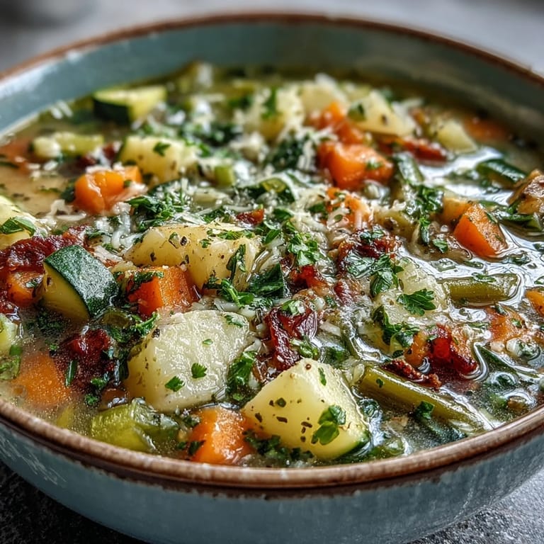 Hearty Parmesan Veggie Soup in a rustic white bowl, ready to serve with crusty bread.