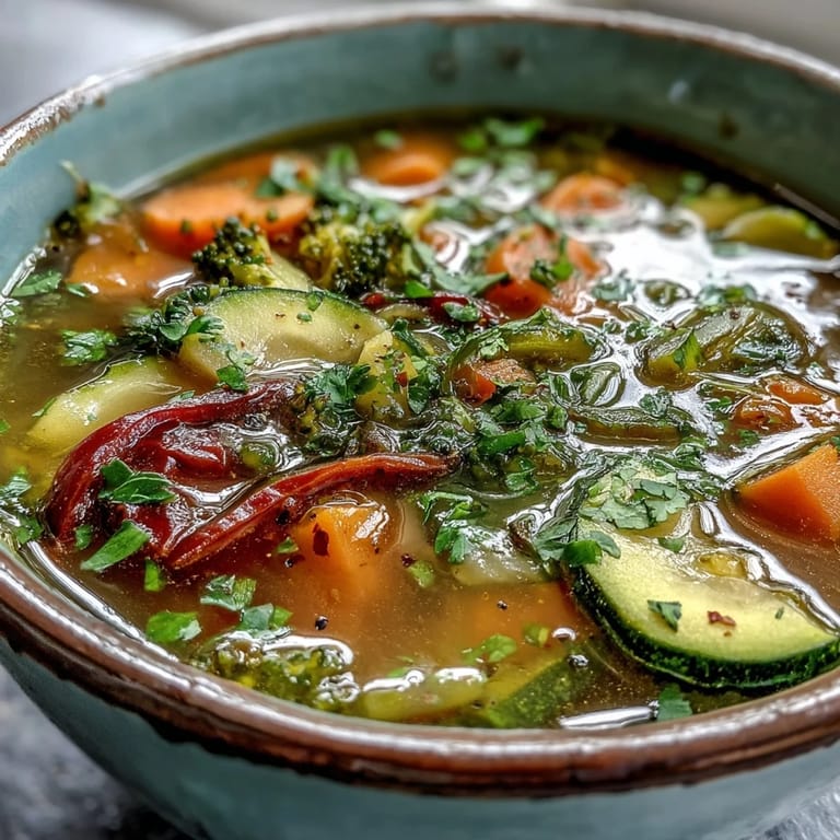 Colorful bowl of homemade Ginger Vegetable Soup, featuring diced red bell pepper and zucchini, served as a light vegan meal.