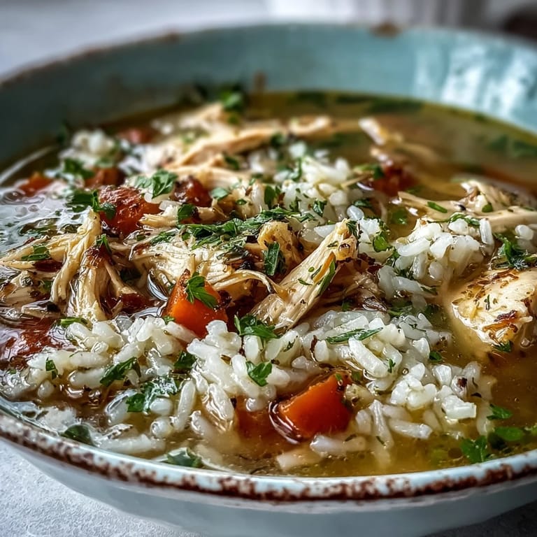 Hearty Cozy Winter Chicken and Rice Soup served hot in a rustic bowl, garnished with fresh parsley.