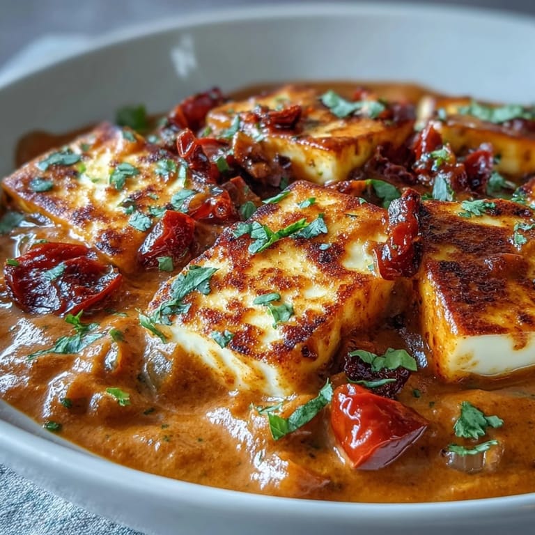 Steam rises from a bowl of creamy halloumi and tomato curry, paired with fluffy rice and a side of warm naan.