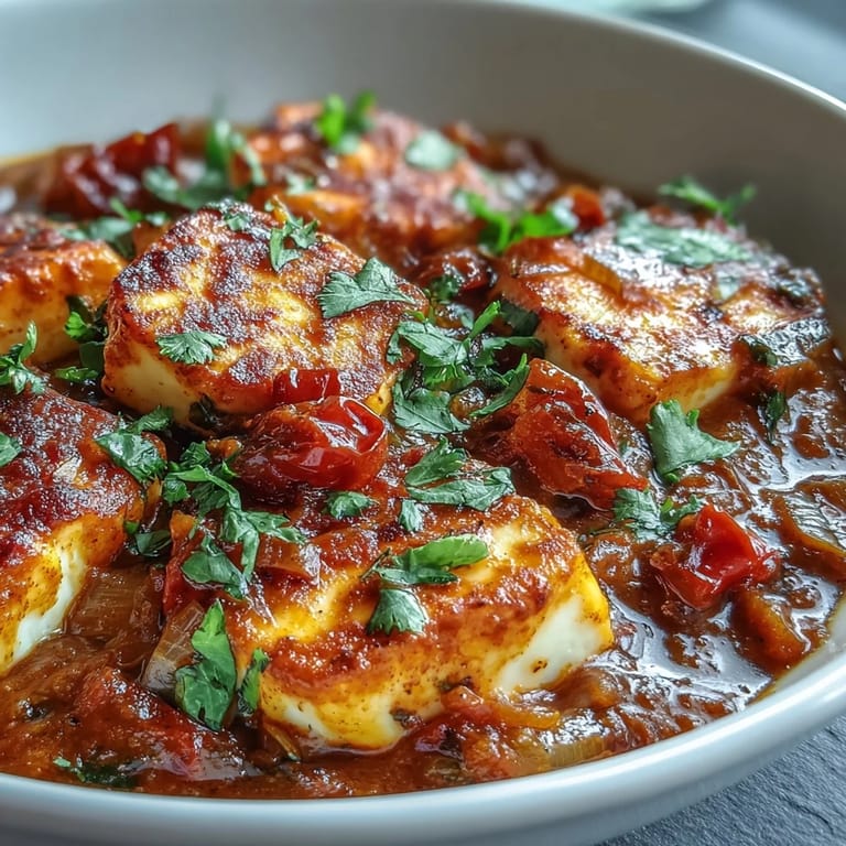 A close-up shows pan-fried halloumi cheese coated in a silky, golden-red tomato curry sauce, garnished with chopped cilantro.