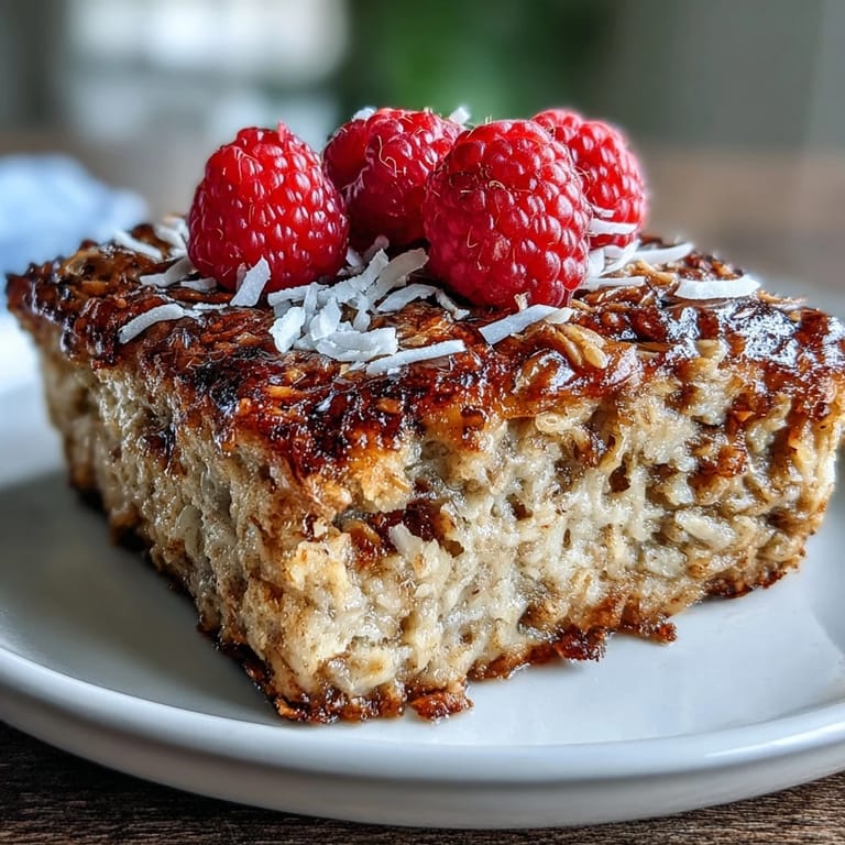 Freshly baked dish of Baked Oatmeal with Raspberry and Coconut in a ceramic baking dish, featuring juicy raspberries and toasted coconut.