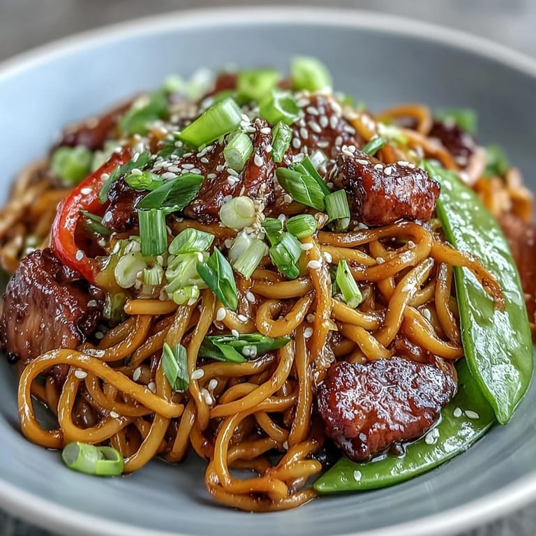 A close-up of Pork Noodle Stir-Fry showing juicy pork strips and bright vegetables served steaming hot on a plate.