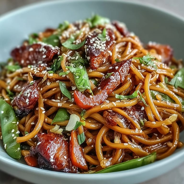 Freshly prepared Pork Noodle Stir-Fry with crunchy sugar snap peas and carrots, garnished with green onions and sesame seeds.