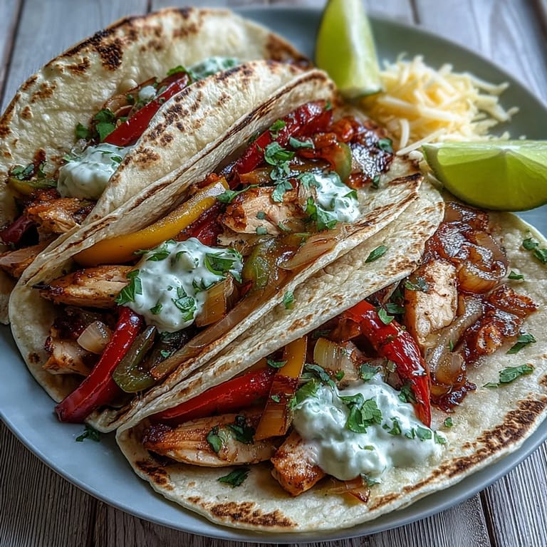 Sliced chicken breast fajitas topped with sour cream, salsa, and fresh cilantro.