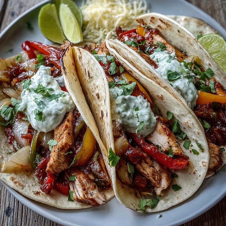 Juicy Easy Chicken Fajitas, charred peppers and onions nestled in soft flour tortillas.