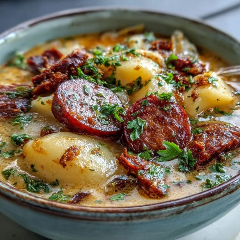A hearty bowl of Potato, Leek and Chorizo Soup served hot, with a slice of bread for dipping.