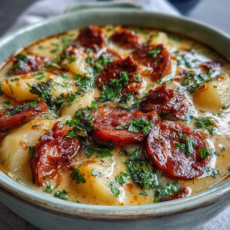 Smoky Potato, Leek and Chorizo Soup in a white bowl, garnished with diced chorizo and fresh parsley.