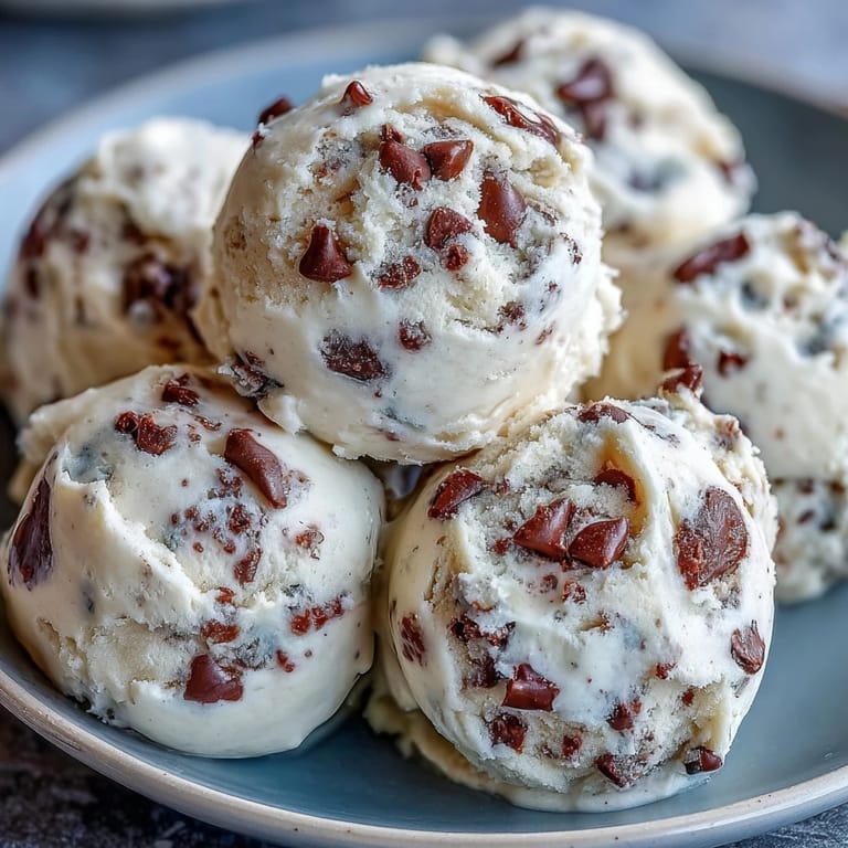 A close-up of Greek Yogurt Cookie Dough reveals mini chocolate chips, a soft texture, and a perfect chilled bite.