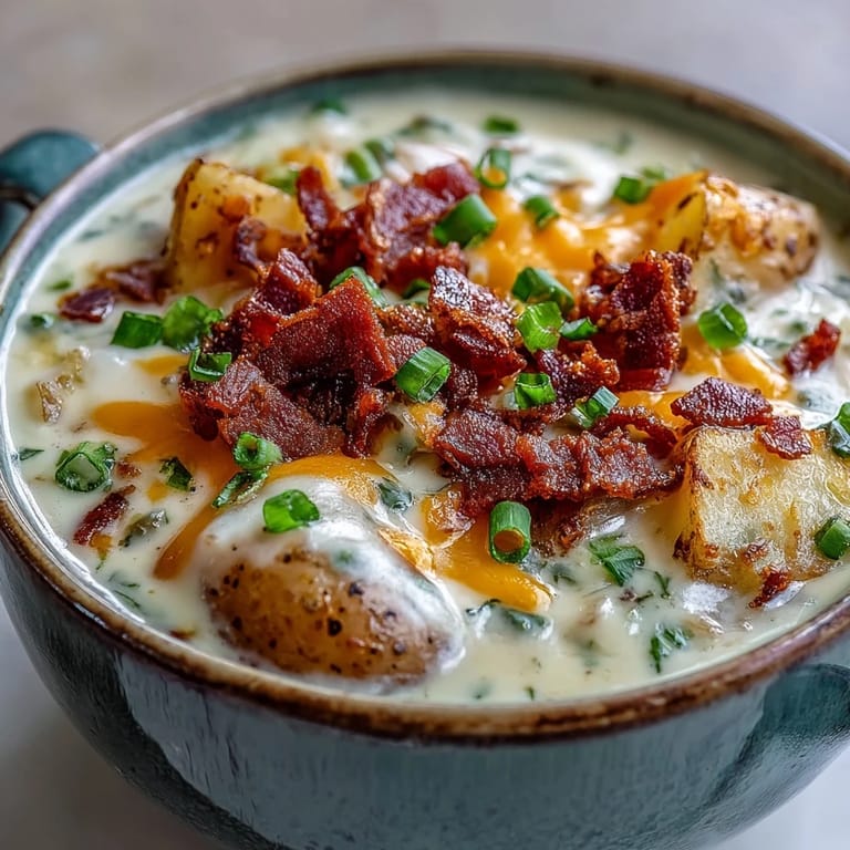A ladle of rich Loaded Potato Soup, showcasing its creamy texture with chunks of potato, melted cheese, and savory bacon, perfect for a comforting lunch.