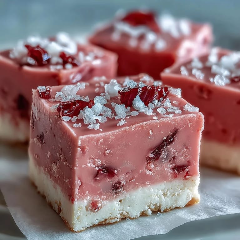 Two no-bake strawberry fudge squares sit on a white plate with a drizzle of white chocolate and a dusting of crushed graham crackers.  