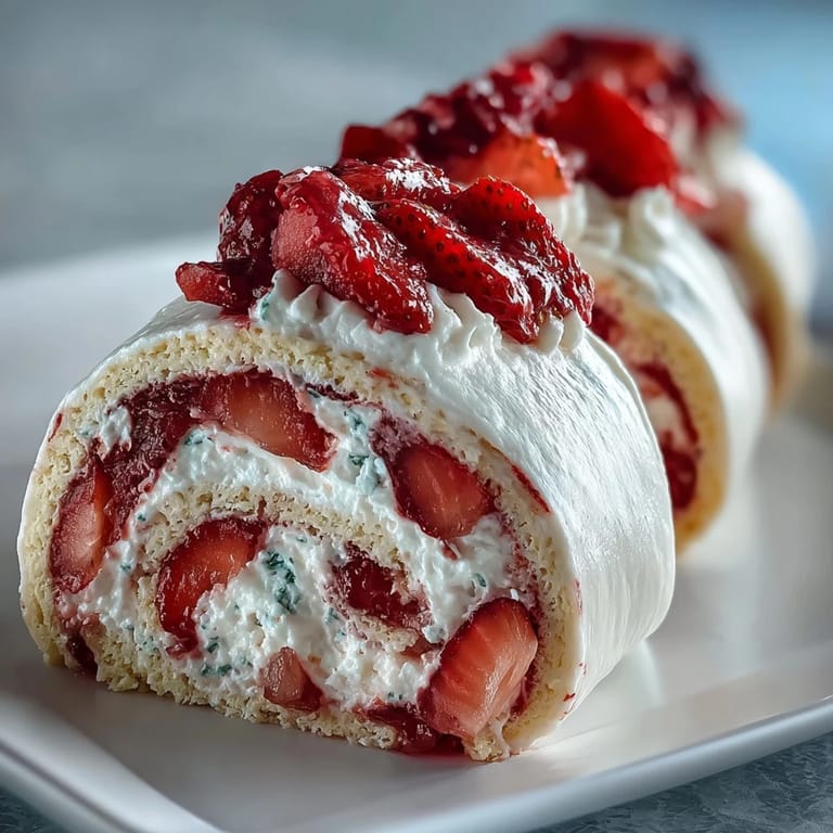 Freshly assembled Strawberry Shortcake Sushi Roll log resting on parchment, ready to slice into elegant pinwheels.