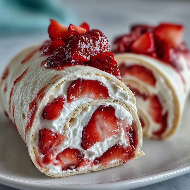 A single piece of Strawberry Shortcake Sushi Roll with a drizzle of white chocolate, served on a dessert plate.