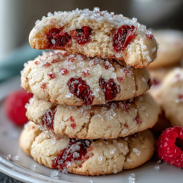 Cooling rack of Soft Chewy Raspberry Sugar Cookies highlights tender crumb, ruby-red berries, and a sweet pink sugar coating.