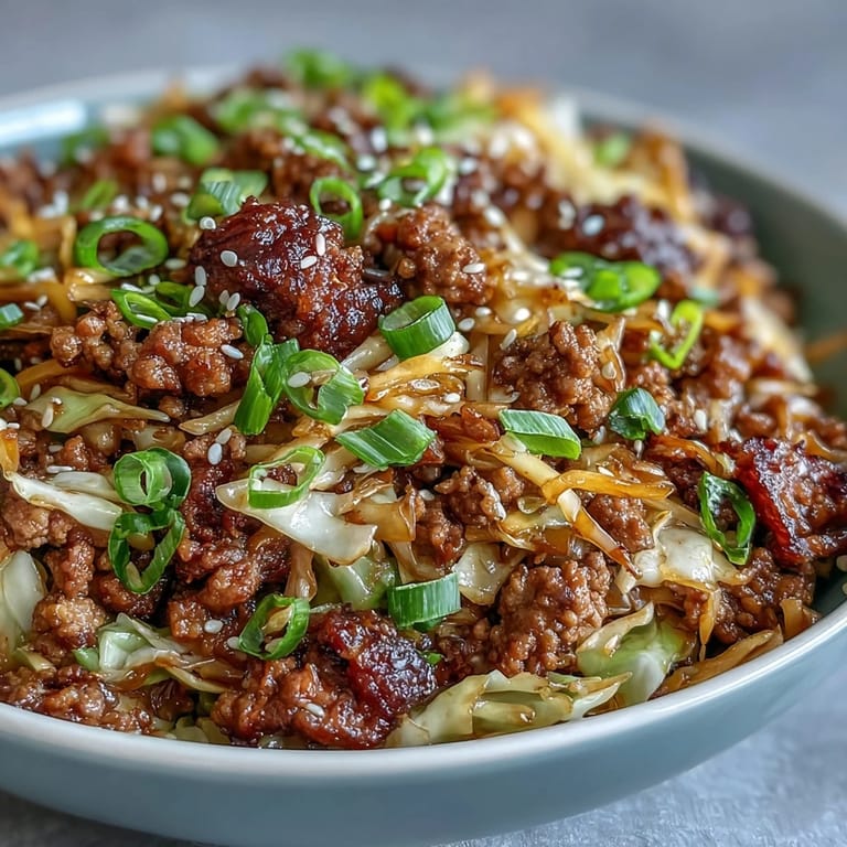 A deconstructed Egg Roll in a Bowl topped with sesame seeds and fresh green onions, served steaming hot.