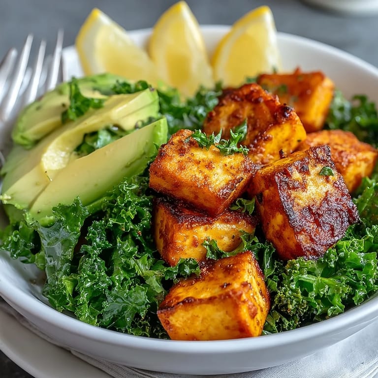 A finished Tofu Breakfast Bowl features crispy tofu, wilted kale, and sliced avocado garnished with crunchy pumpkin seeds.
