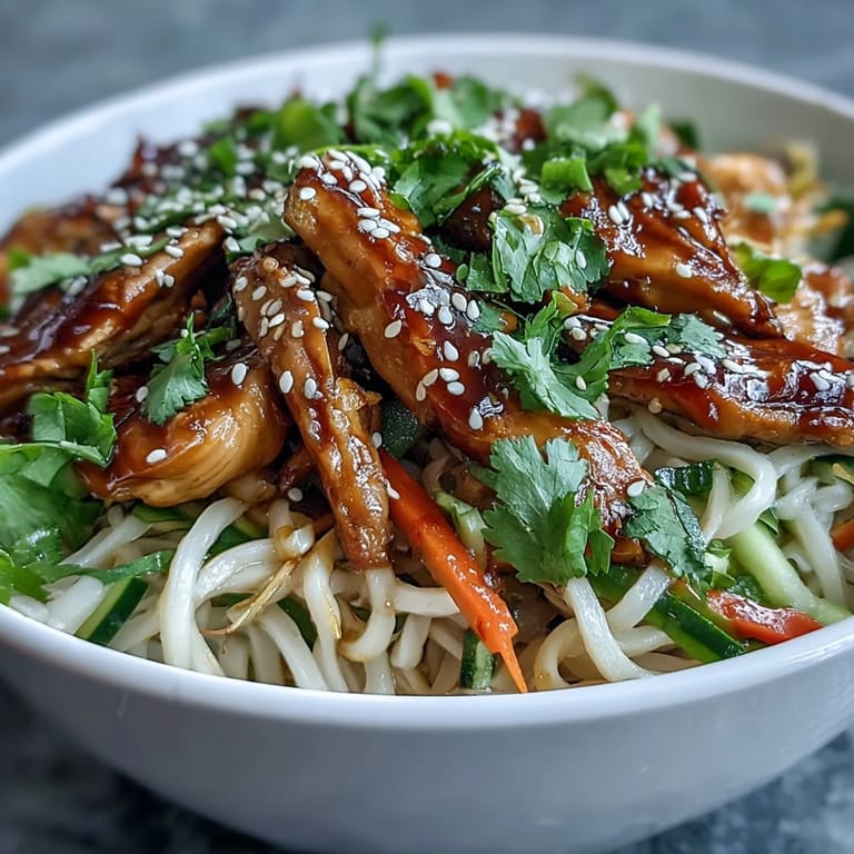 Freshly prepared Asian Chicken Noodle Bowl featuring colorful vegetables, rice noodles, and lime wedges for a zesty squeeze over savory chicken.
