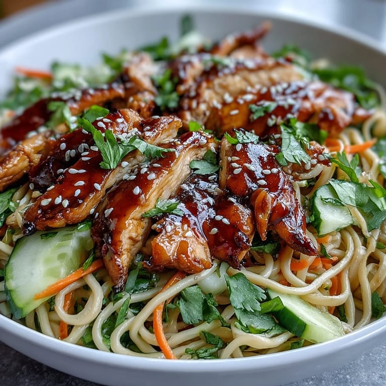 Easy Asian Chicken Noodle Bowl garnished with spring onions, bean sprouts, and sesame seeds, served ready for chopsticks and hungry diners.