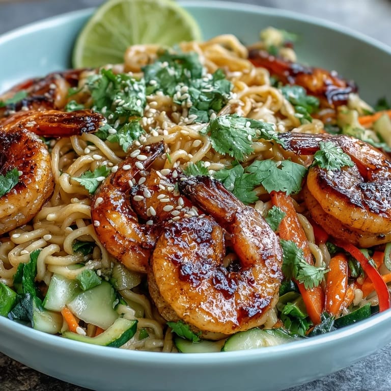 A top-down view of 15-Minute Asian Noodle Bowl With Grilled Shrimp, showcasing vibrant julienned carrots, cucumbers, and fresh cilantro on a colorful platter.