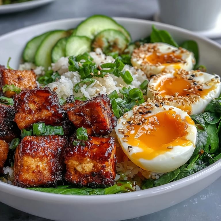 Vibrant Tofu Jammy Egg Breakfast Bowl with seasoned tofu, spinach, cucumber, and carrot ready to be enjoyed.