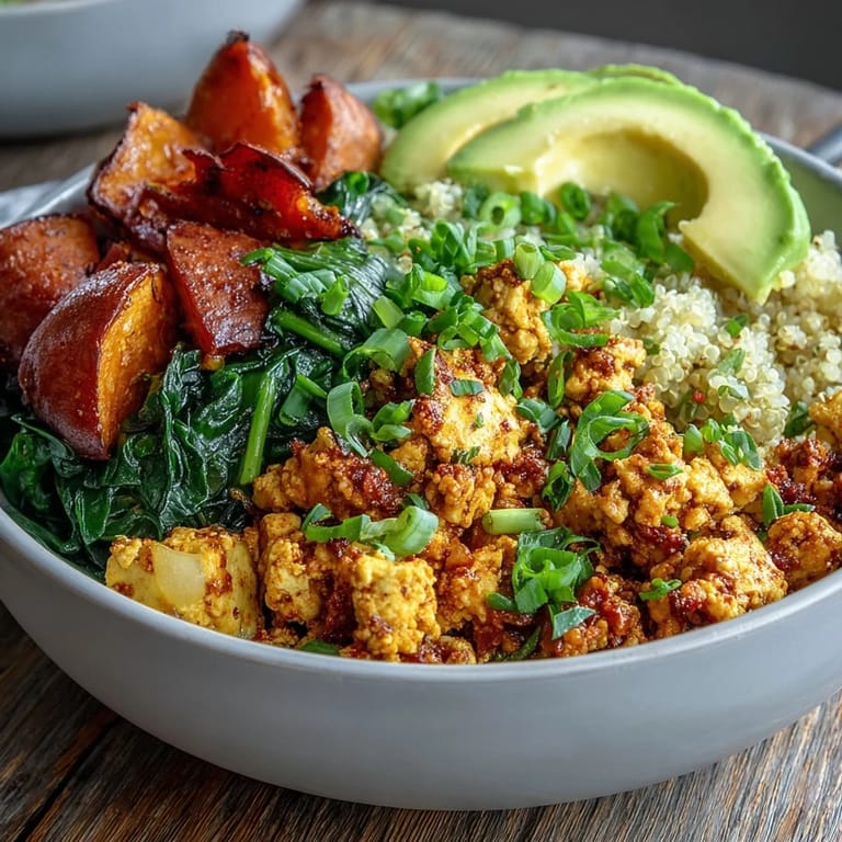 A hearty Tofu Scramble Vegan Breakfast Bowl topped with fluffy quinoa, sautéed spinach, and fresh green onions for garnish.