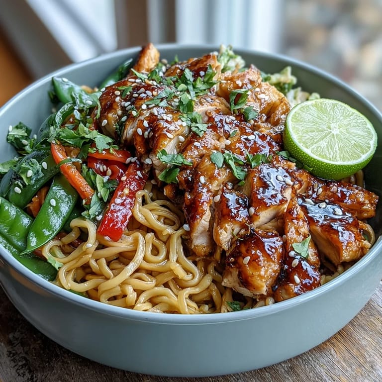 Tender chicken, udon noodles, and colorful peppers and carrots coated in a rich sesame-ginger sauce, garnished with toasted sesame seeds and fresh cilantro.