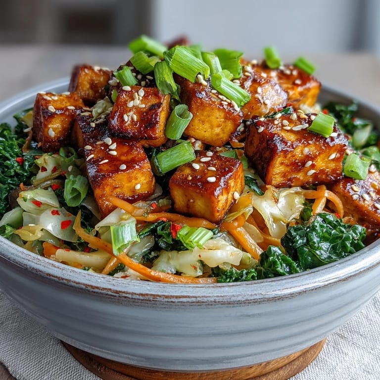A steaming bowl of Tofu Egg Roll in a Bowl topped with sesame seeds and green onions, perfect served alongside fluffy rice. 