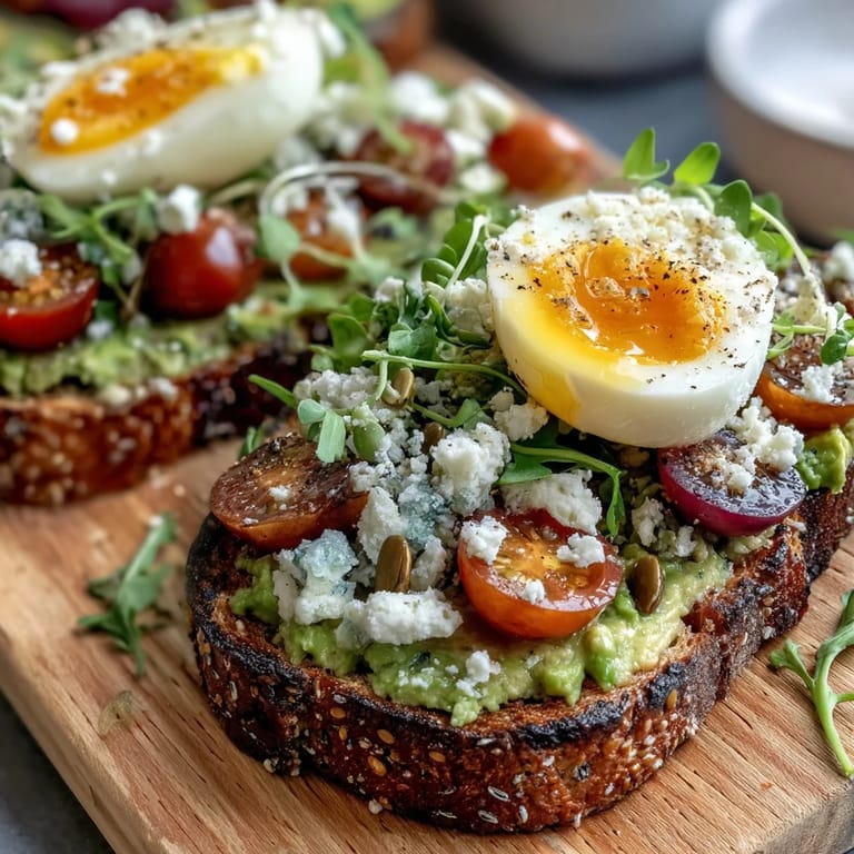 Customize your Spring Brunch Avocado Toast Board with seasonal toppings, microgreens, and tangy pickled onions for a flavorful spread.