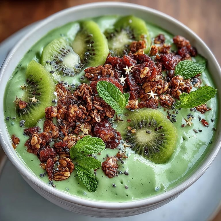 Festive St. Patricks Day smoothie bowl featuring vibrant green base, fresh mint leaves, and edible gold stars for a celebratory breakfast treat.