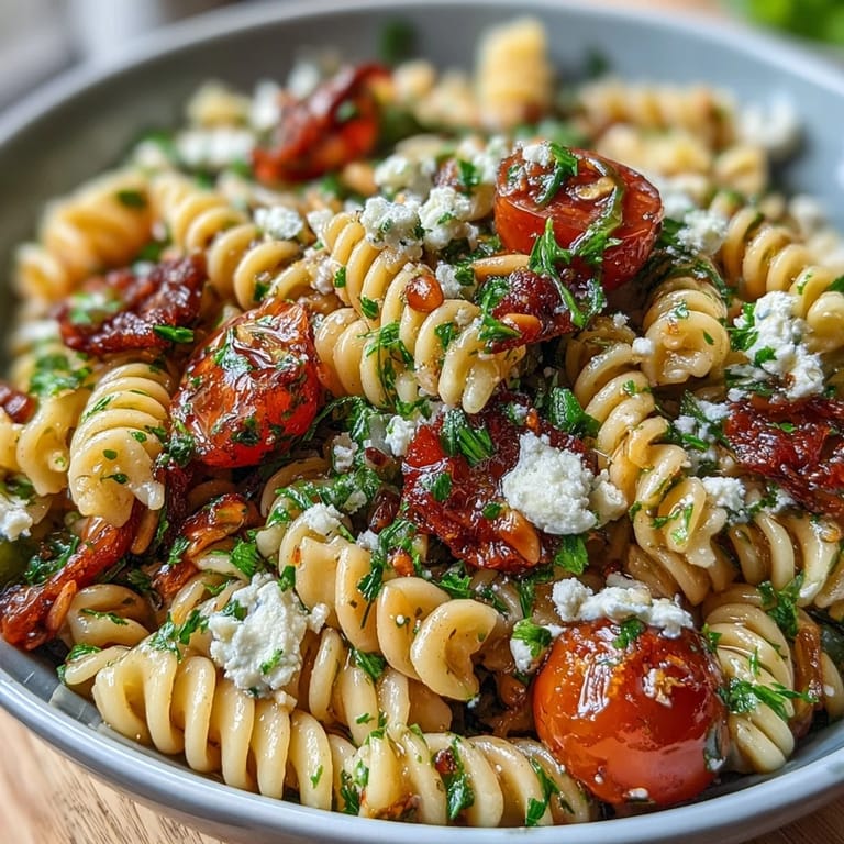 Zesty lemon vinaigrette coats tender pasta, crisp cucumbers, and juicy cherry tomatoes in this refreshing vegetarian salad.
