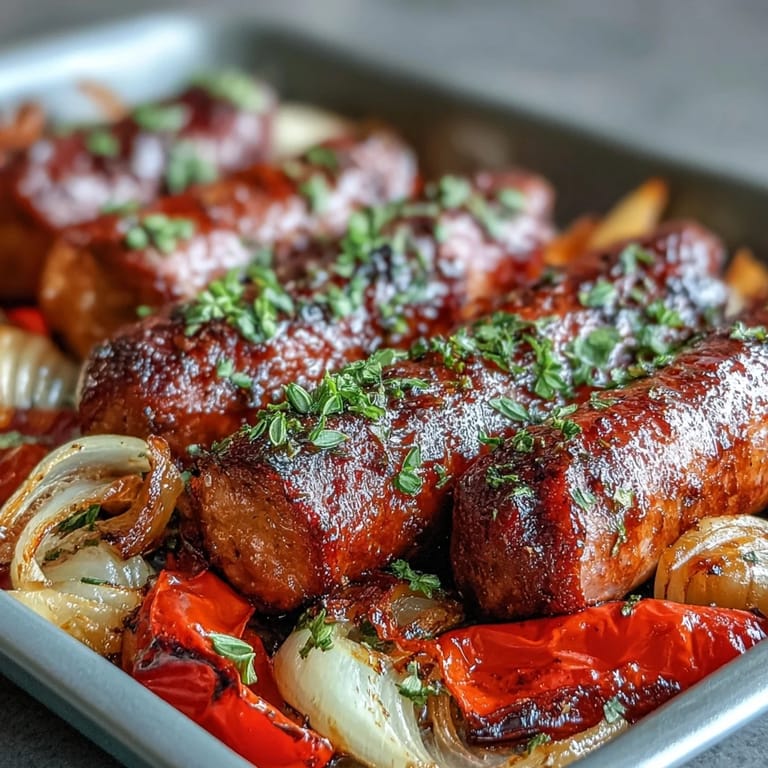 Aromatic sheet pan sausage and peppers with tender vegetables and savory spices, perfect for busy weeknights.  