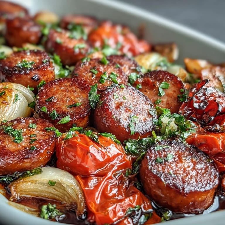 Easy sheet pan sausage and peppers dinner, featuring smoky sausages and caramelized onions for a satisfying family meal.