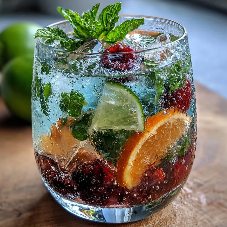 Guests create their own refreshing lemonade using fresh berries, citrus slices, and mint at a festive party bar.