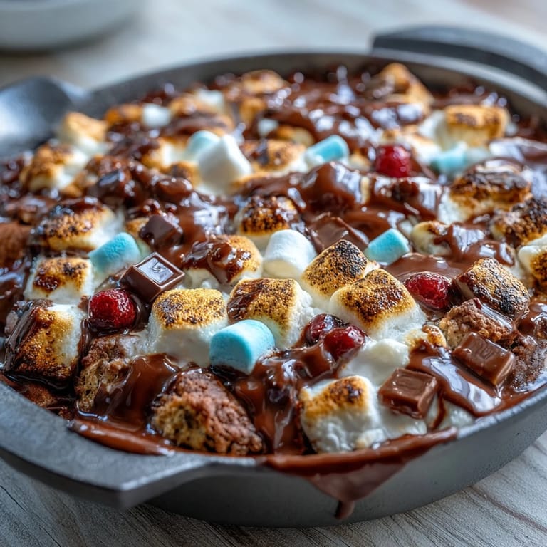 Festive smores dip with melted chocolate, toasted marshmallows, and red, white, and blue candies ready for dipping with graham crackers.