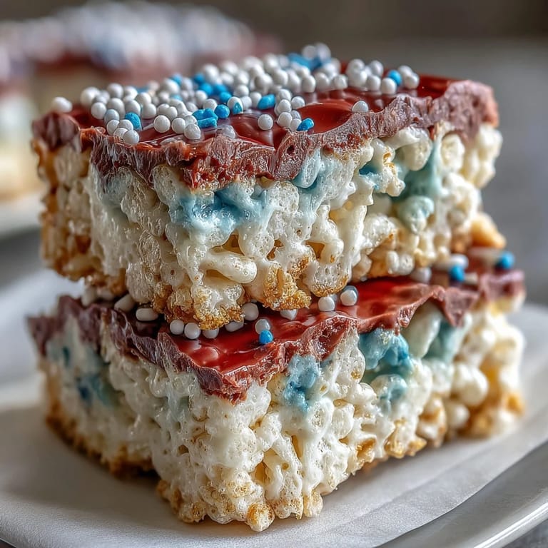 Festive layered Rice Krispies treats in patriotic colors, topped with sprinkles and ready for your July 4th dessert table.